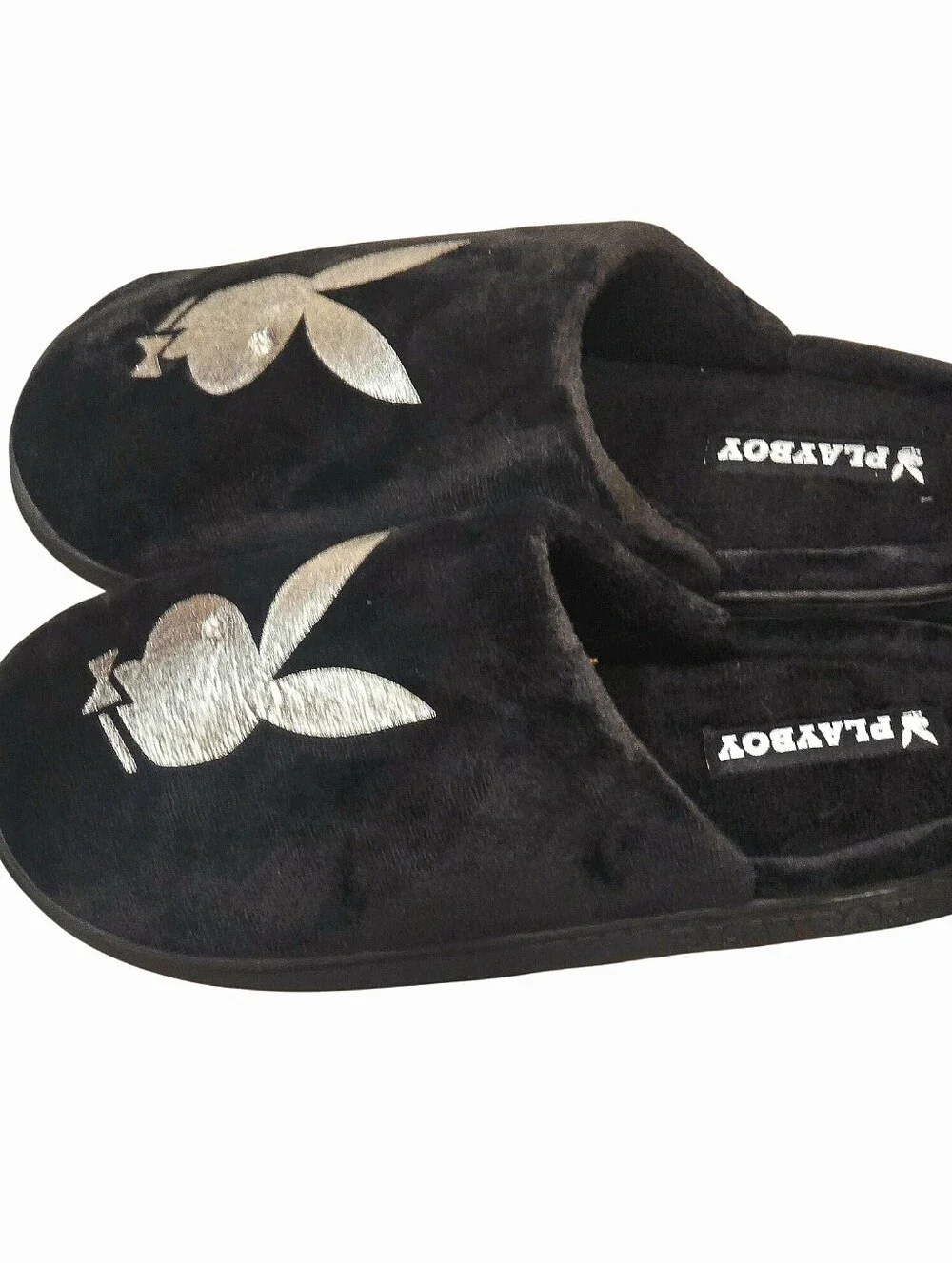 Playboy Metallic Bunny Logo Indoor/Outdoor Memory Foam Slide Slippers- Black